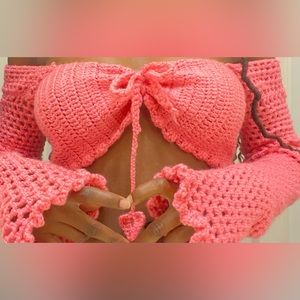 Handmade bow& heart ruffles crop top